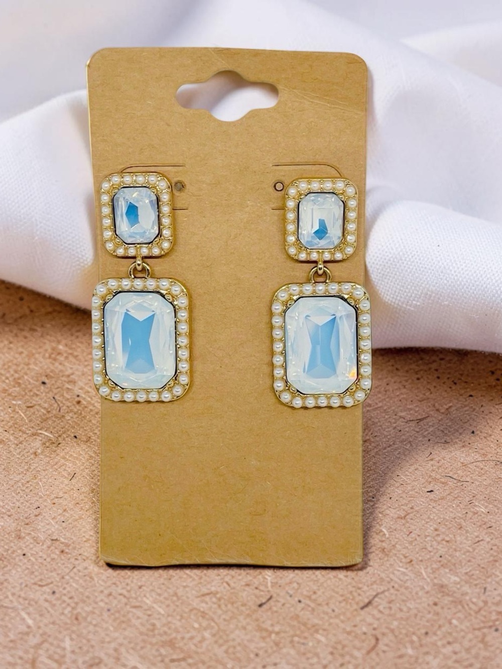 Elegant Opalite & Faux Pearl Gold Tone Statement Drop Earrings - Picture 3 of 4